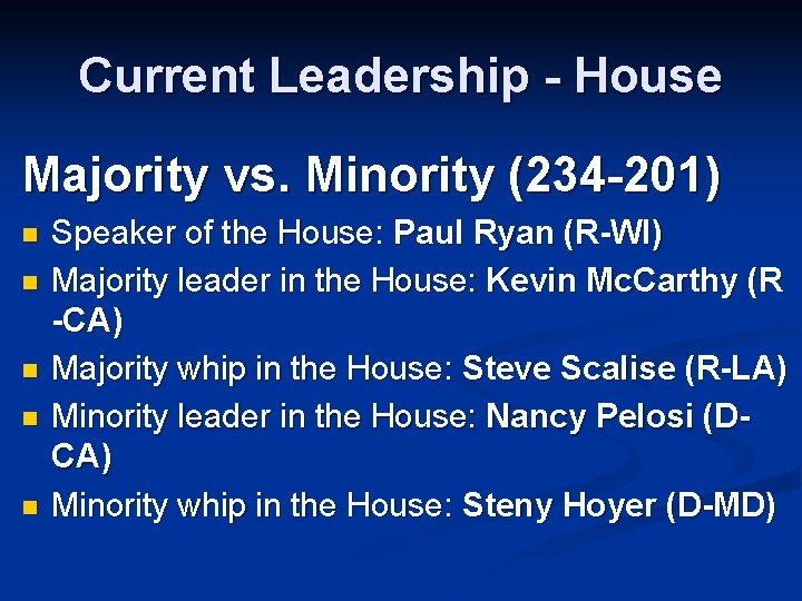 Current Leadership - House Majority vs. Minority (234 -201) n n n Speaker of