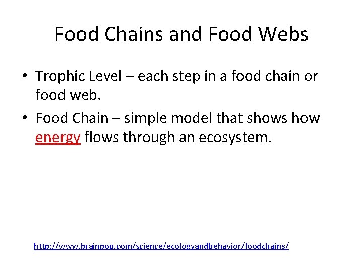 Food Chains and Food Webs • Trophic Level – each step in a food