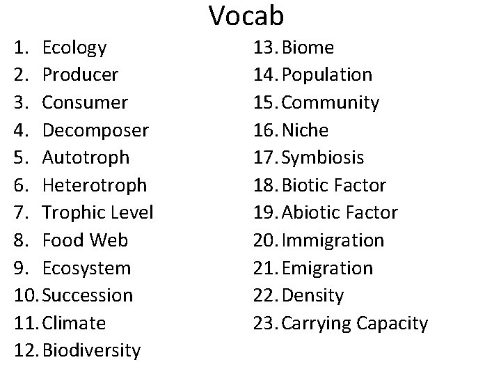 Vocab 1. Ecology 2. Producer 3. Consumer 4. Decomposer 5. Autotroph 6. Heterotroph 7.