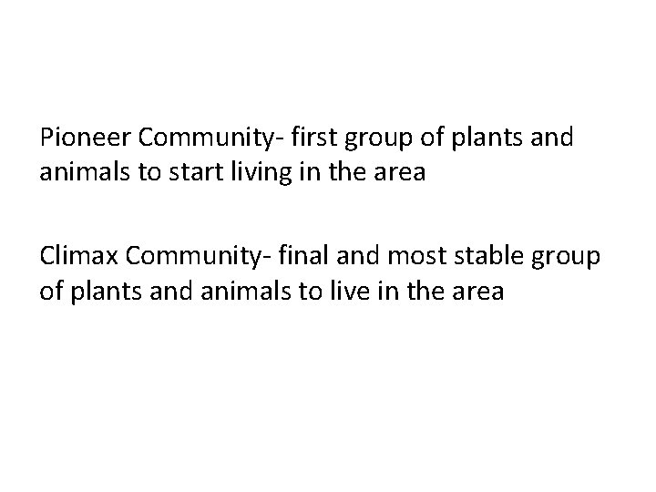 Pioneer Community- first group of plants and animals to start living in the area