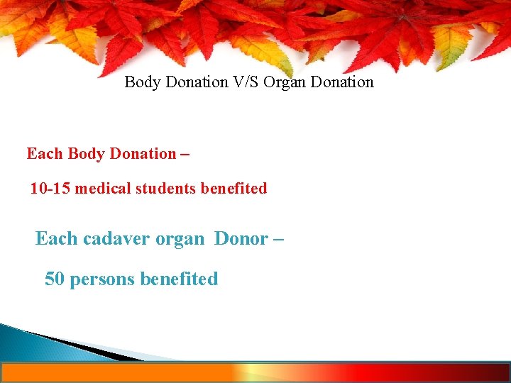 Body Donation V/S Organ Donation Each Body Donation – 10 -15 medical students benefited