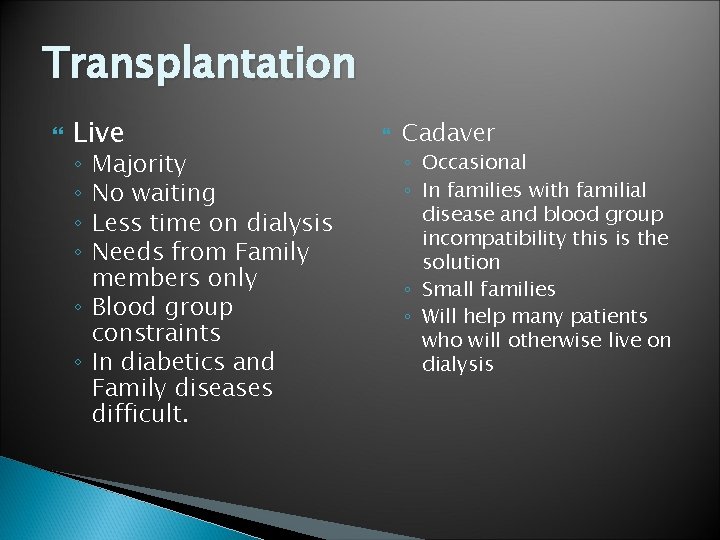 Transplantation Live Majority No waiting Less time on dialysis Needs from Family members only