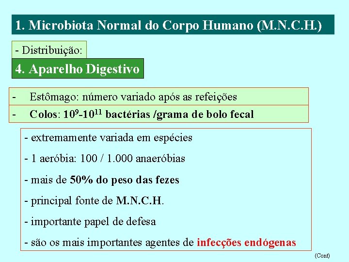 1. Microbiota Normal do Corpo Humano (M. N. C. H. ) - Distribuição: 4.