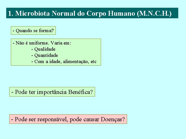 1. Microbiota Normal do Corpo Humano (M. N. C. H. ) - Quando se