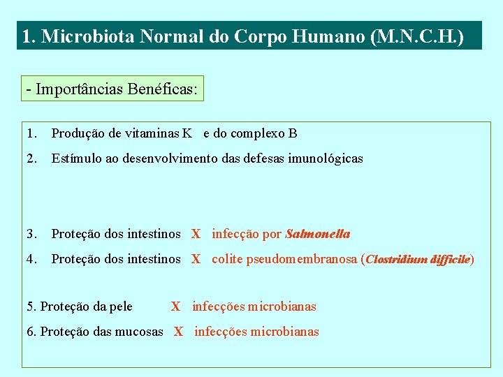 1. Microbiota Normal do Corpo Humano (M. N. C. H. ) - Importâncias Benéficas: