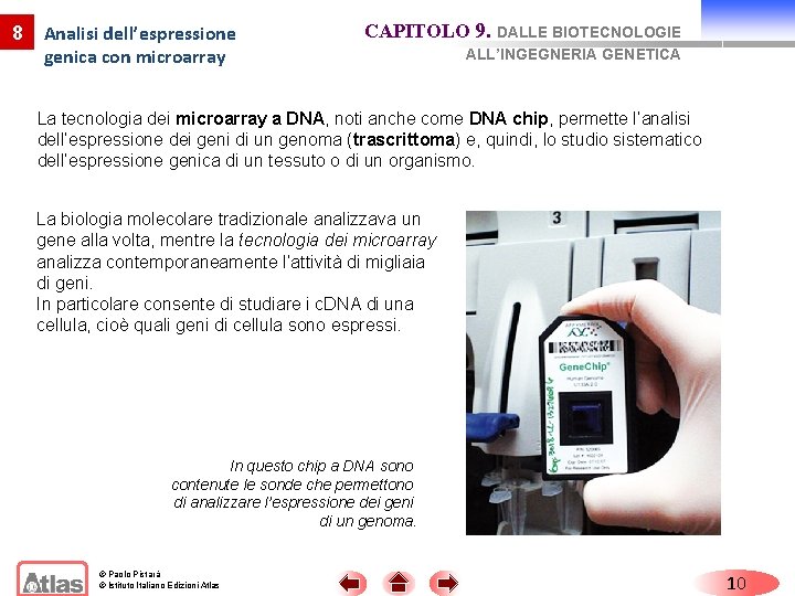 8 Analisi dell’espressione genica con microarray CAPITOLO 9. DALLE BIOTECNOLOGIE ALL’INGEGNERIA GENETICA La tecnologia