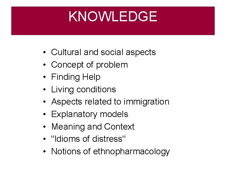 KNOWLEDGE • • • Cultural and social aspects Concept of problem Finding Help Living
