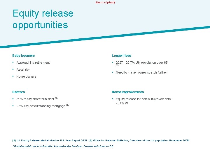 Slide 11 (Optional) Equity release opportunities Baby boomers Longer lives • Approaching retirement •