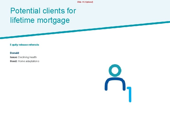 Slide 14 (Optional) Potential clients for lifetime mortgage Equity release referrals Donald Issue: Declining