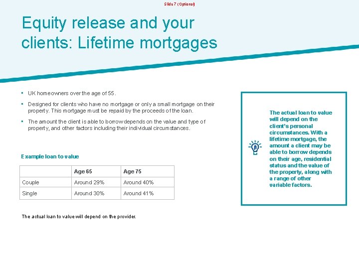 Slide 7 (Optional) Equity release and your clients: Lifetime mortgages • UK homeowners over