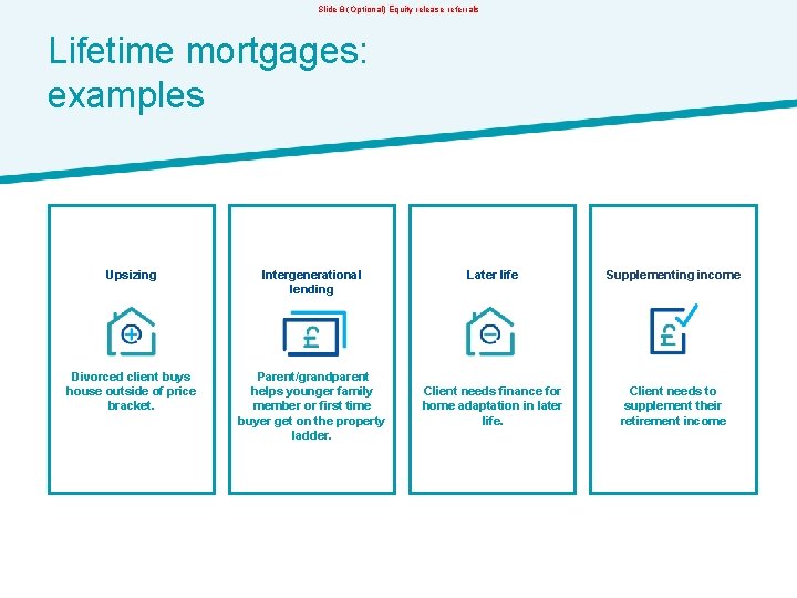 Slide 8 (Optional) Equity release referrals Lifetime mortgages: examples Upsizing Intergenerational lending Later life