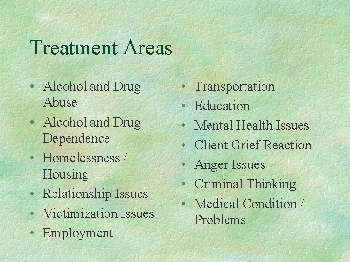 Treatment Areas • Alcohol and Drug Abuse • Alcohol and Drug Dependence • Homelessness