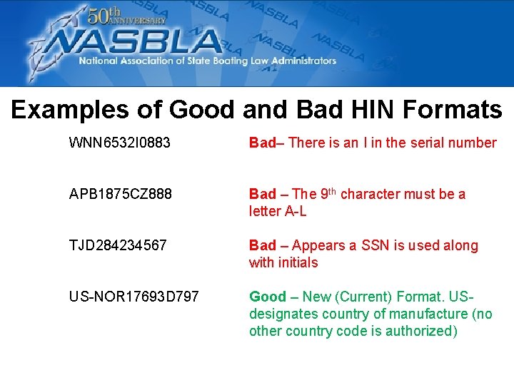 Examples of Good and Bad HIN Formats WNN 6532 I 0883 Bad– There is