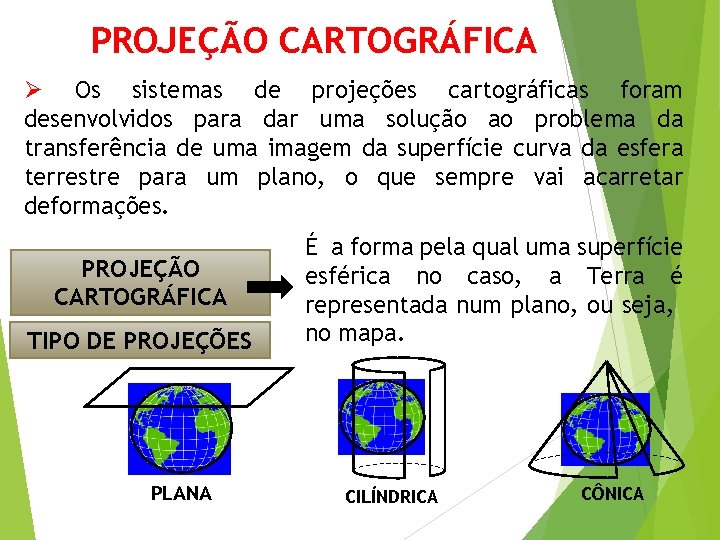 PROJEÇÃO CARTOGRÁFICA Ø Os sistemas de projeções cartográficas foram desenvolvidos para dar uma solução