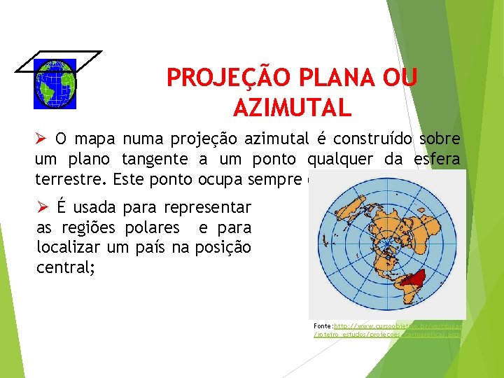 PROJEÇÃO PLANA OU AZIMUTAL Ø O mapa numa projeção azimutal é construído sobre um