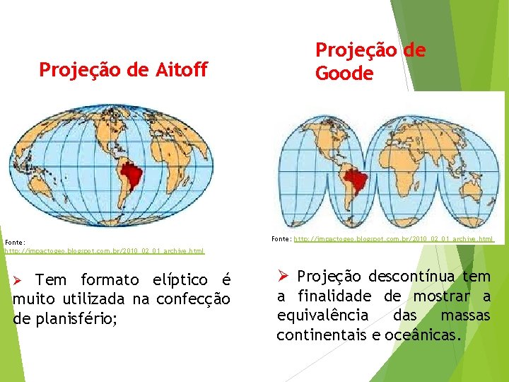 Projeção de Aitoff Fonte: http: //impactogeo. blogspot. com. br/2010_02_01_archive. html Tem formato elíptico é