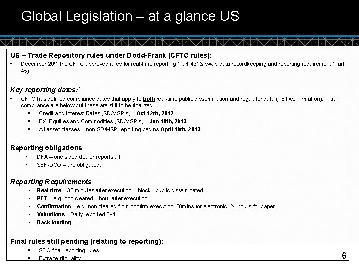Global Legislation – at a glance US US – Trade Repository rules under Dodd-Frank
