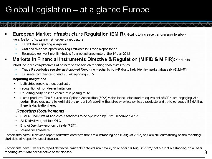Global Legislation – at a glance Europe § European Market Infrastructure Regulation (EMIR): Goal