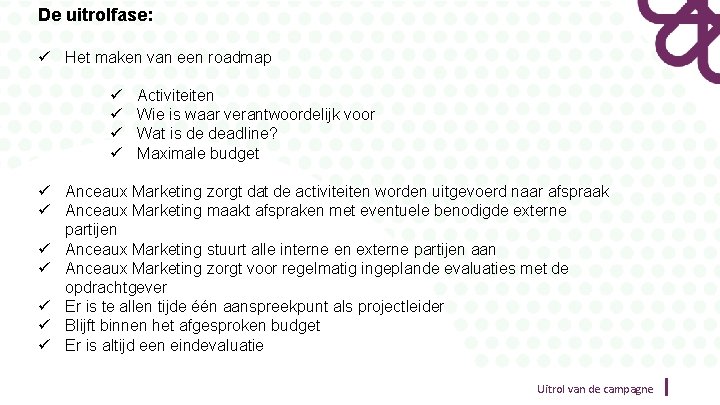 De uitrolfase: ü Het maken van een roadmap ü ü Activiteiten Wie is waar