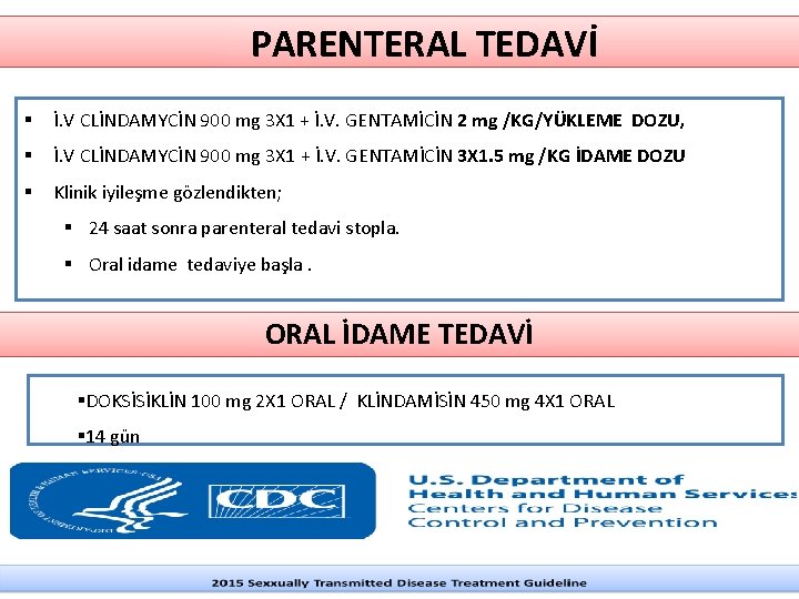 PARENTERAL TEDAVİ § İ. V CLİNDAMYCİN 900 mg 3 X 1 + İ. PARENTERAL TEDAVİ § İ. V CLİNDAMYCİN 900 mg 3 X 1 + İ.