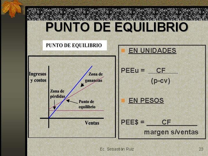 PUNTO DE EQUILIBRIO n EN UNIDADES PEEu = CF (p-cv) n EN PESOS PEE$