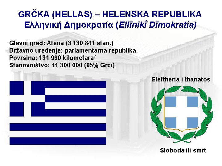 GRČKA (HELLAS) – HELENSKA REPUBLIKA Ελληνική Δημοκρατία (Ellīnikī Dīmokratía) Glavni grad: Atena (3 130 GRČKA (HELLAS) – HELENSKA REPUBLIKA Ελληνική Δημοκρατία (Ellīnikī Dīmokratía) Glavni grad: Atena (3 130