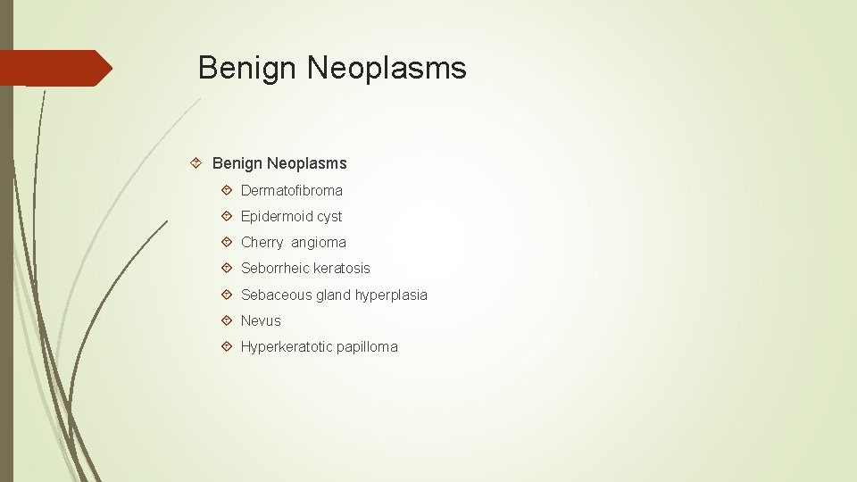 Benign Neoplasms Dermatofibroma Epidermoid cyst Cherry angioma Seborrheic keratosis Sebaceous gland hyperplasia Nevus Hyperkeratotic