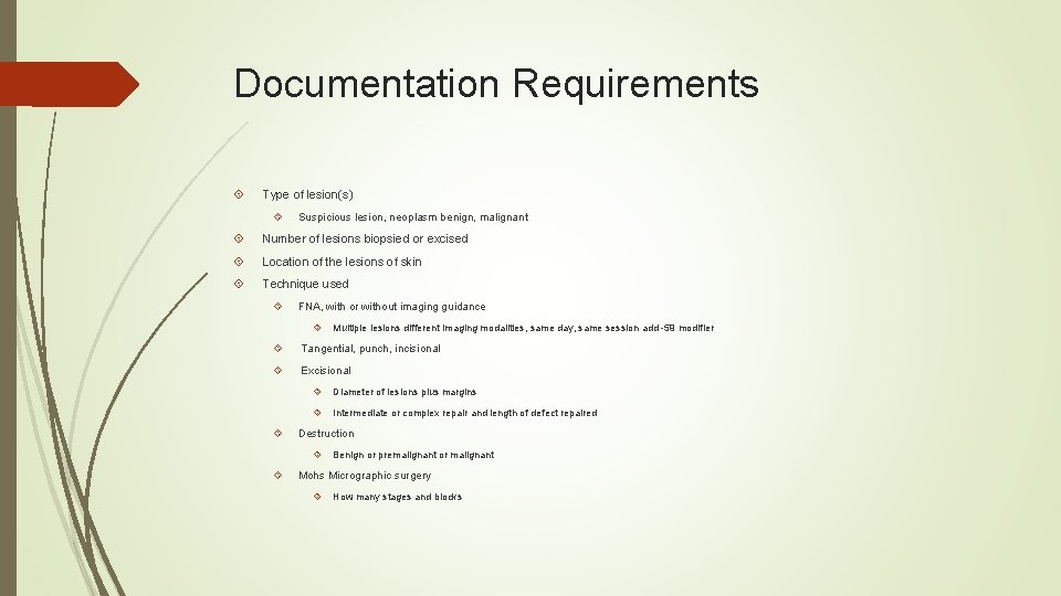 Documentation Requirements Type of lesion(s) Suspicious lesion, neoplasm benign, malignant Number of lesions biopsied