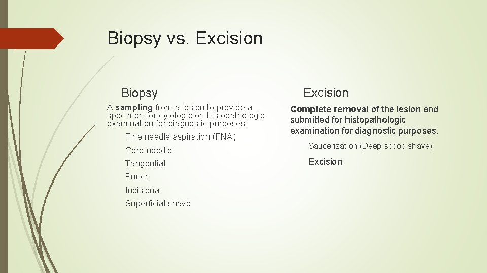 Biopsy vs. Excision Biopsy A sampling from a lesion to provide a specimen for