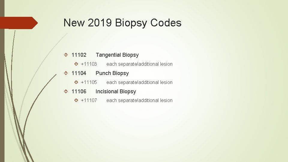 New 2019 Biopsy Codes 11102 Tangential Biopsy +11103 11104 Punch Biopsy +11105 11106 each