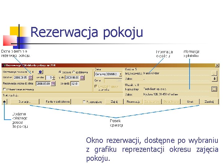 Rezerwacja pokoju Okno rezerwacji, dostępne po wybraniu z grafiku reprezentacji okresu zajęcia pokoju. 