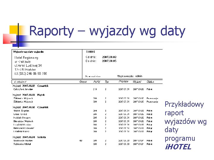 Raporty – wyjazdy wg daty Przykładowy raport wyjazdów wg daty programu i. HOTEL 