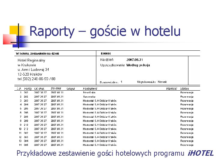 Raporty – goście w hotelu Przykładowe zestawienie gości hotelowych programu i. HOTEL 