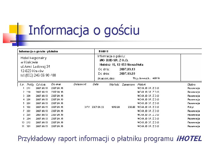 Informacja o gościu Przykładowy raport informacji o płatniku programu i. HOTEL 