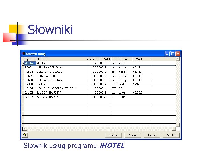 Słowniki Słownik usług programu i. HOTEL 