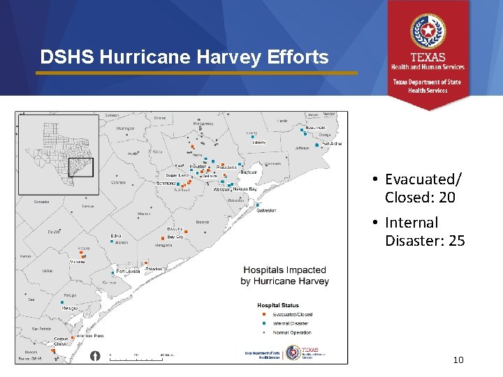 DSHS Hurricane Harvey Efforts • Evacuated/ Closed: 20 • Internal Disaster: 25 10 