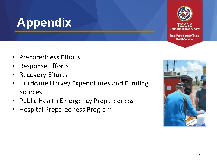 Appendix Preparedness Efforts Response Efforts Recovery Efforts Hurricane Harvey Expenditures and Funding Sources •