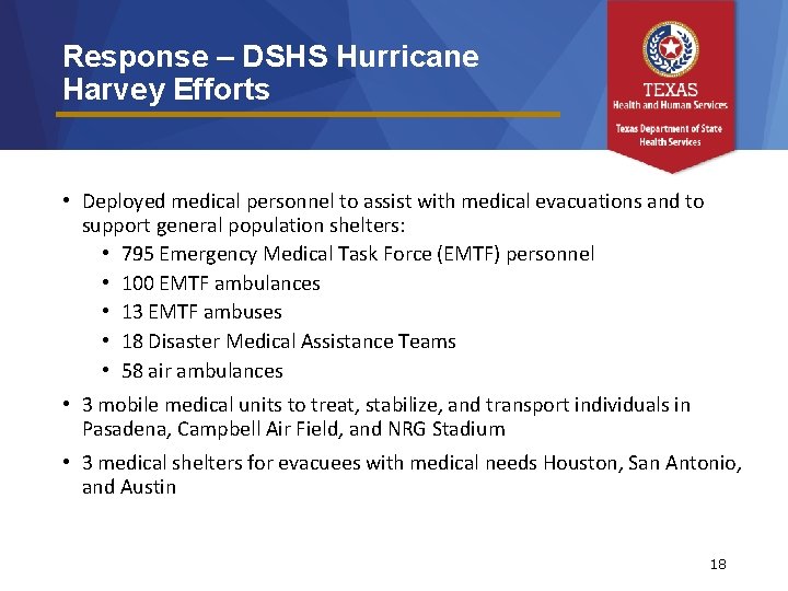 Response – DSHS Hurricane Harvey Efforts • Deployed medical personnel to assist with medical