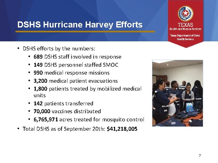 DSHS Hurricane Harvey Efforts • DSHS efforts by the numbers: • 689 DSHS staff