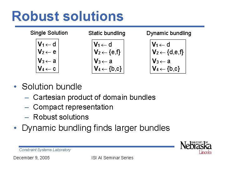 Robust solutions Single Solution V 1 d V 2 e V 3 a V