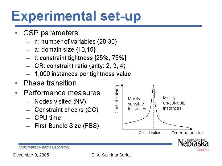 Experimental set-up • CSP parameters: n: number of variables {20, 30} a: domain size