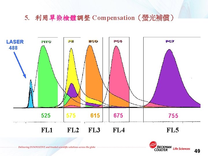 5. 利用單染檢體調整 Compensation（螢光補償） LASER 488 525 575 FL 1 FL 2 615 675 755