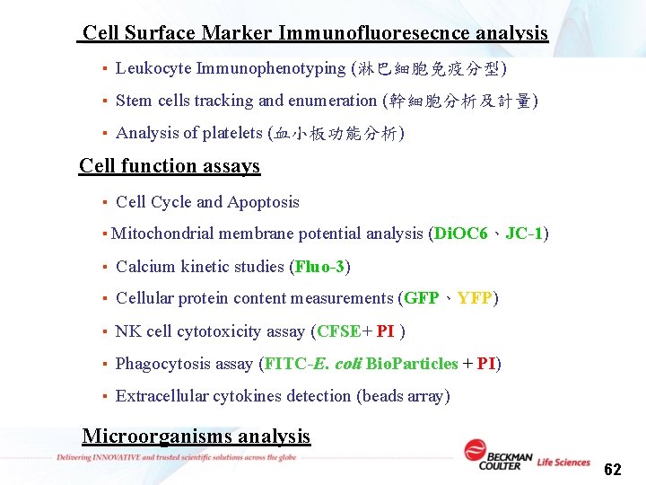 Cell Surface Marker Immunofluoresecnce analysis ▪ Leukocyte Immunophenotyping (淋巴細胞免疫分型) ▪ Stem cells tracking and