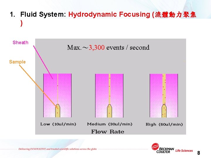 1. Fluid System: Hydrodynamic Focusing (流體動力聚焦 ) Sheath Max. ～ 3, 300 events /