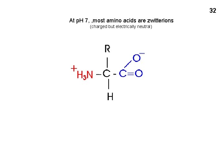 32 At p. H 7, , most amino acids are zwitterions (charged but electrically