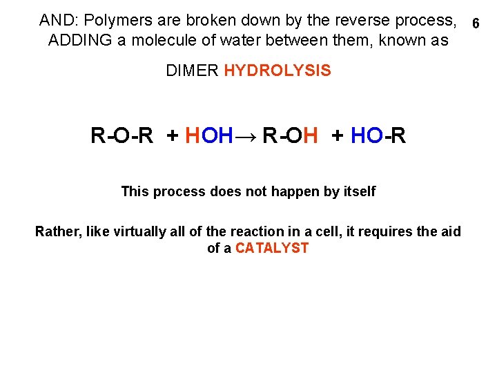 AND: Polymers are broken down by the reverse process, 6 ADDING a molecule of