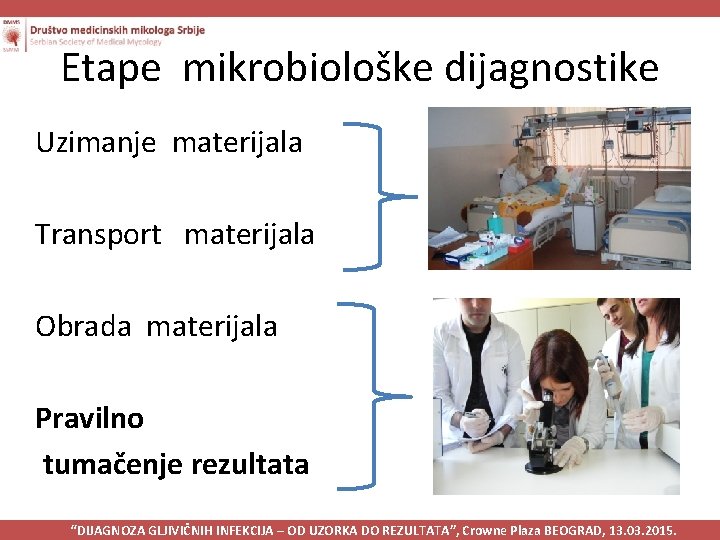 Etape mikrobiološke dijagnostike Uzimanje materijala Transport materijala Obrada materijala Pravilno tumačenje rezultata “DIJAGNOZA GLJIVIČNIH