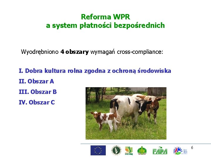 Reforma WPR a system płatności bezpośrednich Wyodrębniono 4 obszary wymagań cross-compliance: I. Dobra kultura