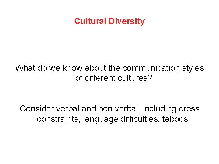 Cultural Diversity What do we know about the communication styles of different cultures? Consider