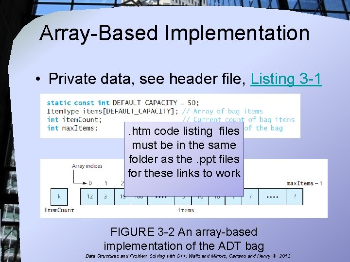 Array-Based Implementation • Private data, see header file, Listing 3 -1. htm code listing